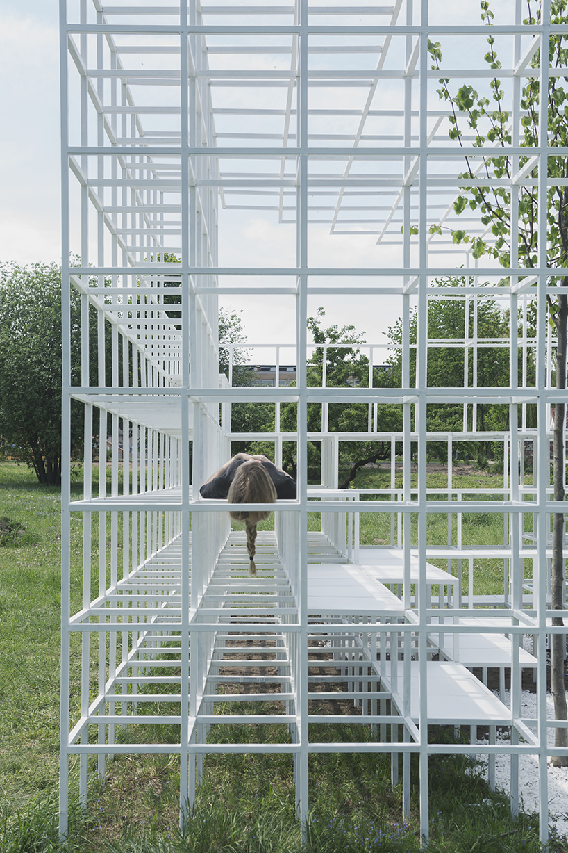 clap studio builds a geometric installation in memory of minsk's destroyed buildings designboom