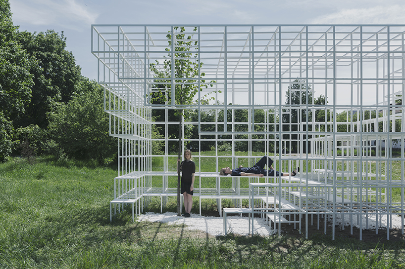 clap studio builds a geometric installation in memory of minsk's destroyed buildings designboom