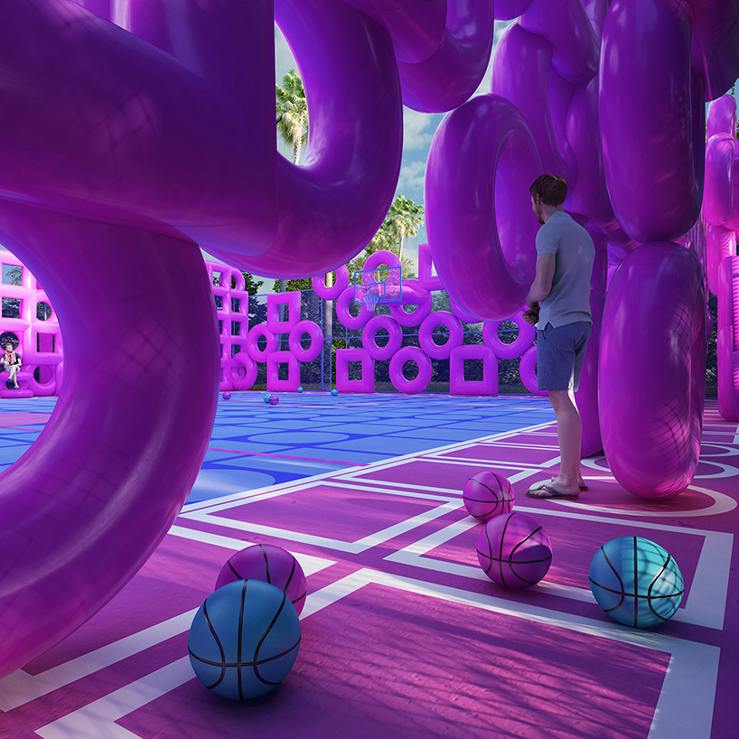 cyril lancelin fences basketball court with grid of pink doughnuts and squares designboom