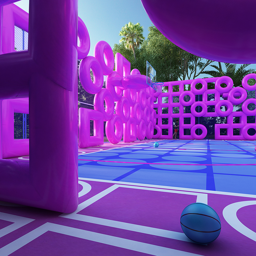 cyril lancelin fences basketball court with grid of pink doughnuts and squares designboom