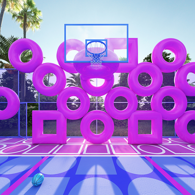 cyril lancelin fences basketball court with grid of pink doughnuts and squares designboom