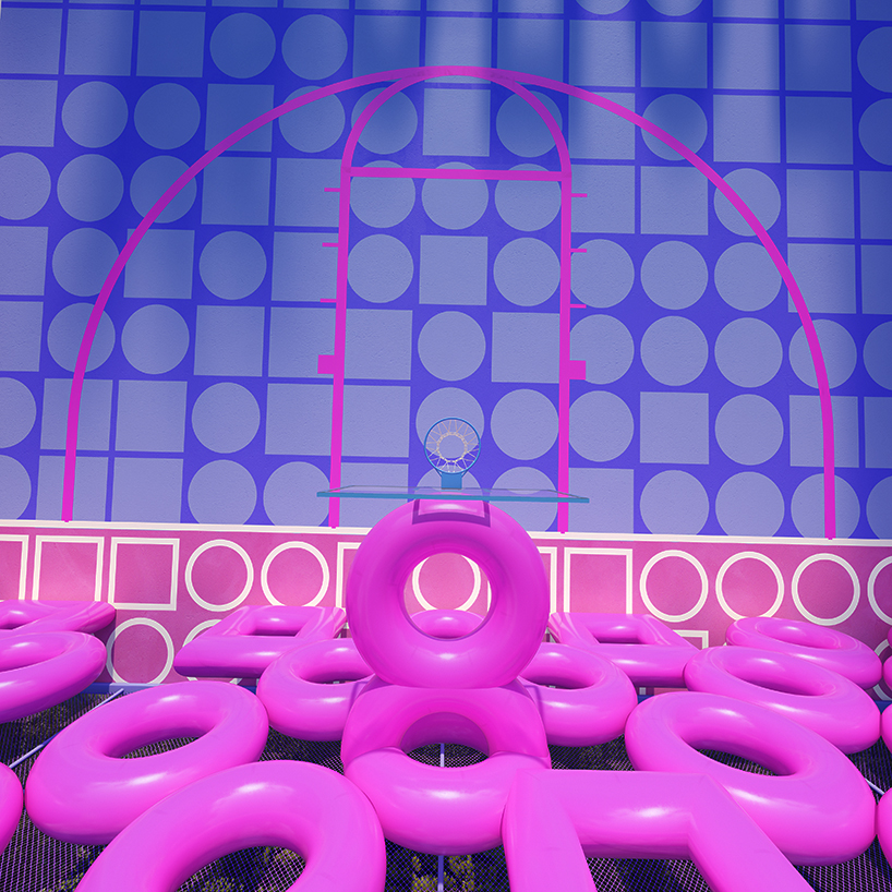 cyril lancelin fences basketball court with grid of pink doughnuts and squares