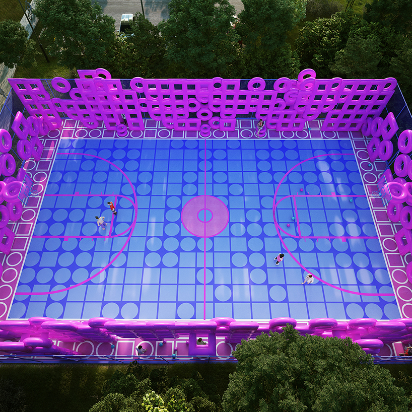 cyril lancelin fences basketball court with grid of pink doughnuts and squares designboom