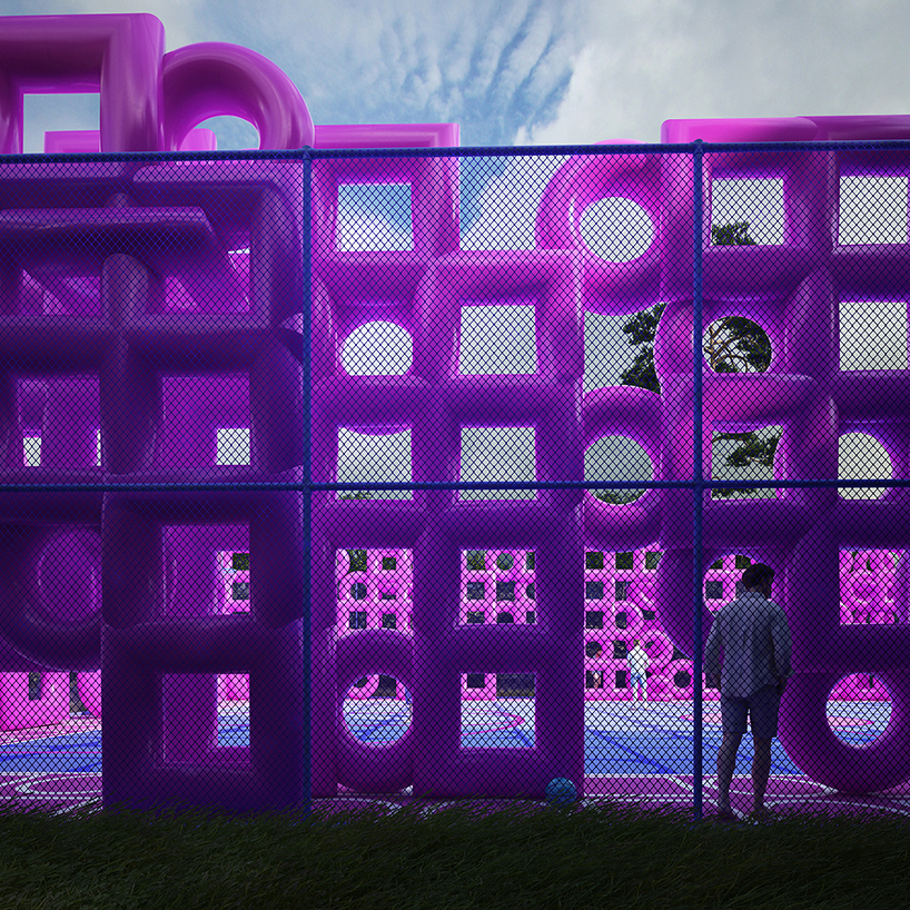 cyril lancelin fences basketball court with grid of pink doughnuts and squares designboom