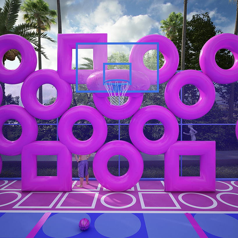 cyril lancelin fences basketball court with grid of pink doughnuts and squares designboom