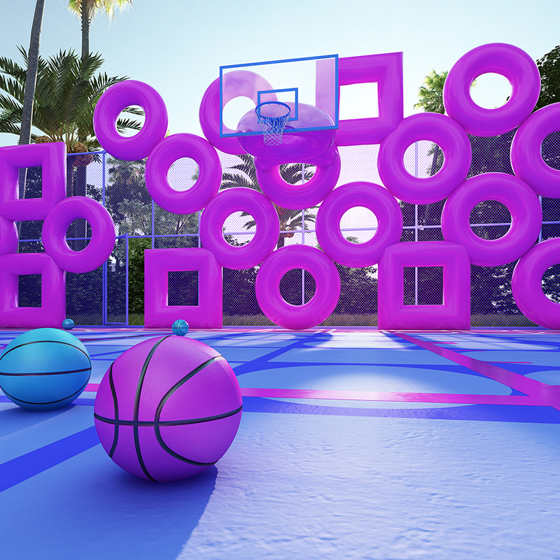cyril lancelin fences basketball court with grid of pink doughnuts and squares designboom