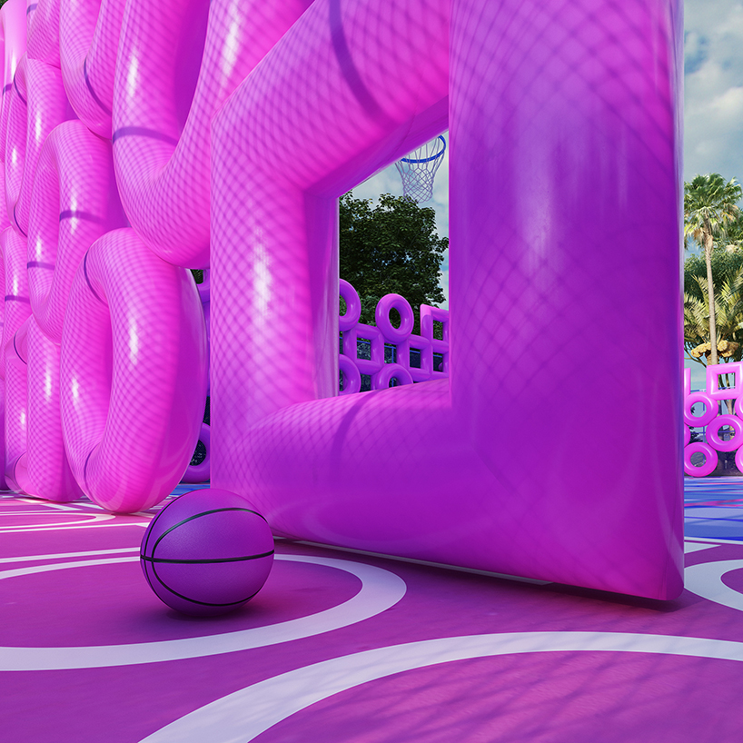 cyril lancelin fences basketball court with grid of pink doughnuts and squares designboom