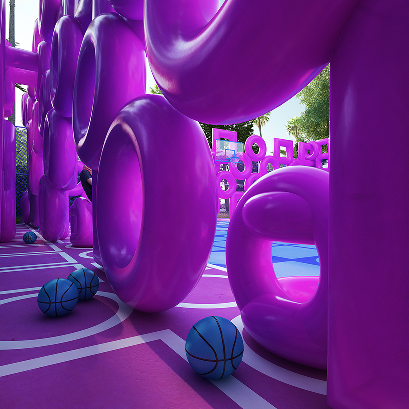 cyril lancelin fences basketball court with grid of pink doughnuts and squares designboom