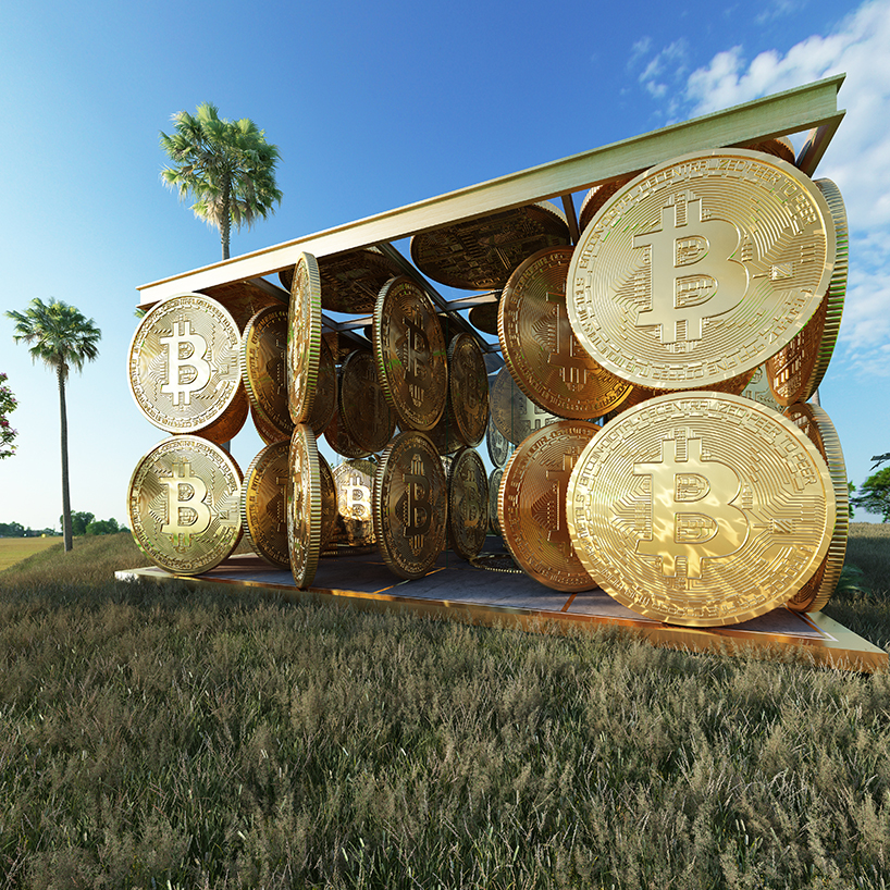 cyril lancelin imagines symbolic structure made of gigantic rotating bitcoins