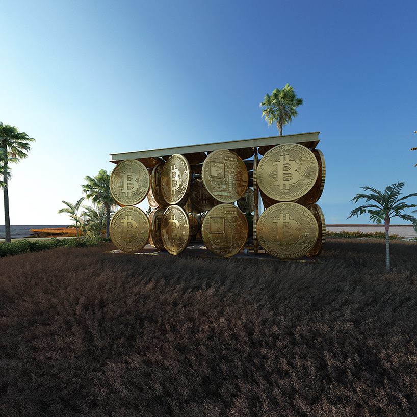 cyril lancelin imagines symbolic structure made of gigantic rotating bitcoins