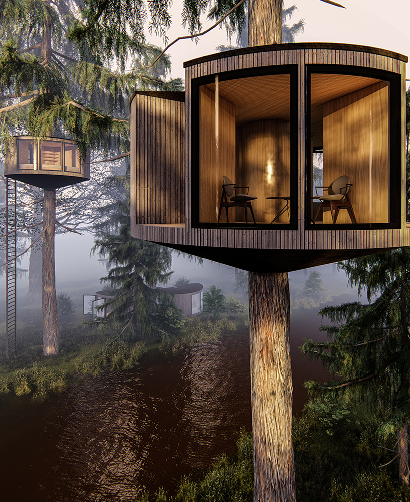 circular treehouse modules by manuel mosquera embrace forest trees in france