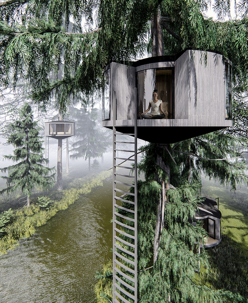 circular treehouse modules by manuel mosquera embrace forest trees in france