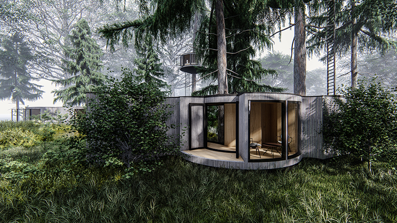 circular treehouse modules by manuel mosquera embrace forest trees in france