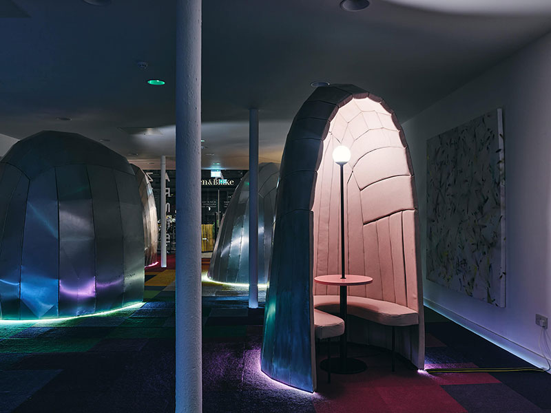 lazerian's aluminium pods occupy an art gallery-cum-bar in manchester designboom
