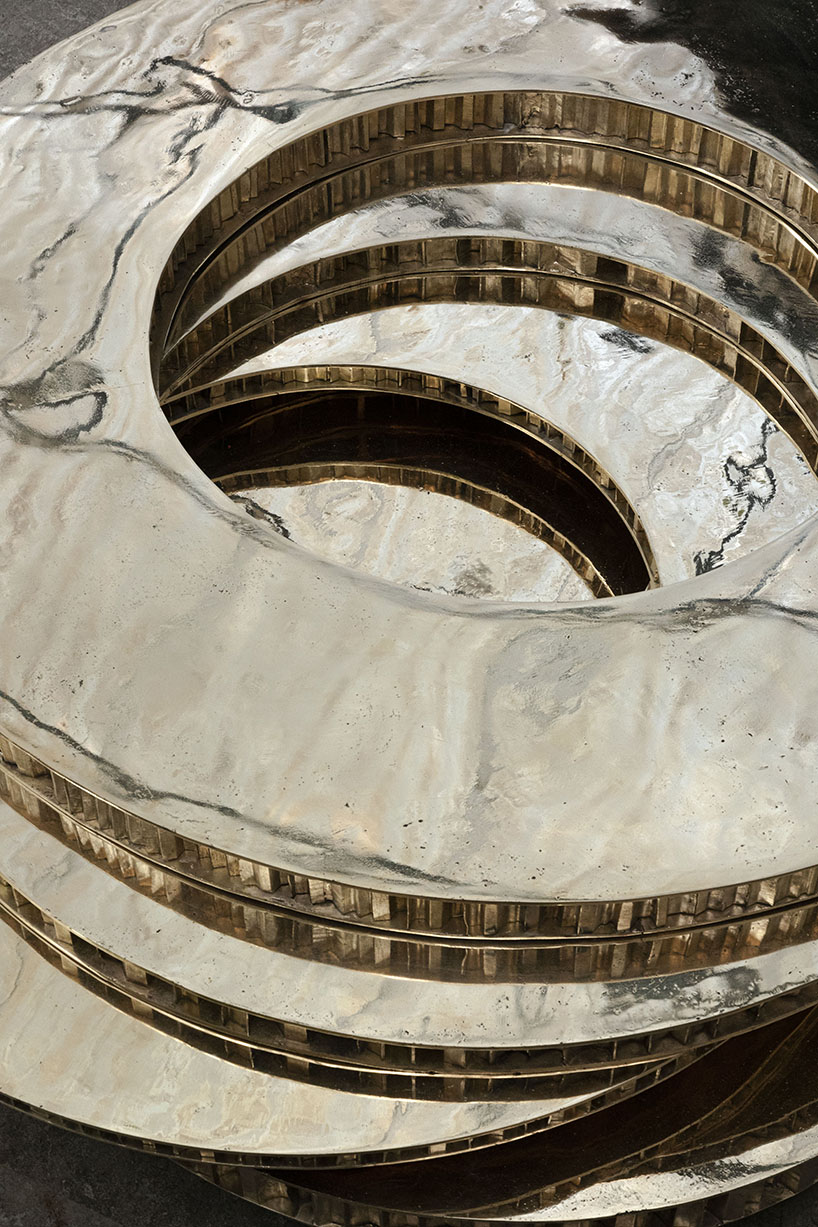 héctor esrawe renders aleatory textures of cardboard as polished bronze coffee tables