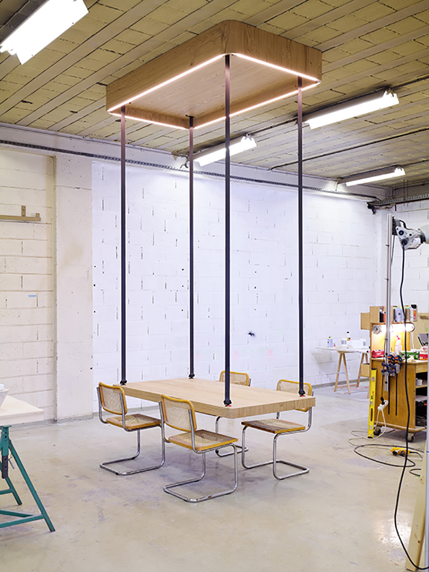 JCPCDR's 'flying table' uses detachable seat belts to suspend from the ceiling designboom