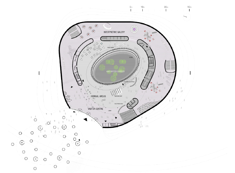 XTU envisions a mangrove-like memorial with giant waterfall in singapore designboom