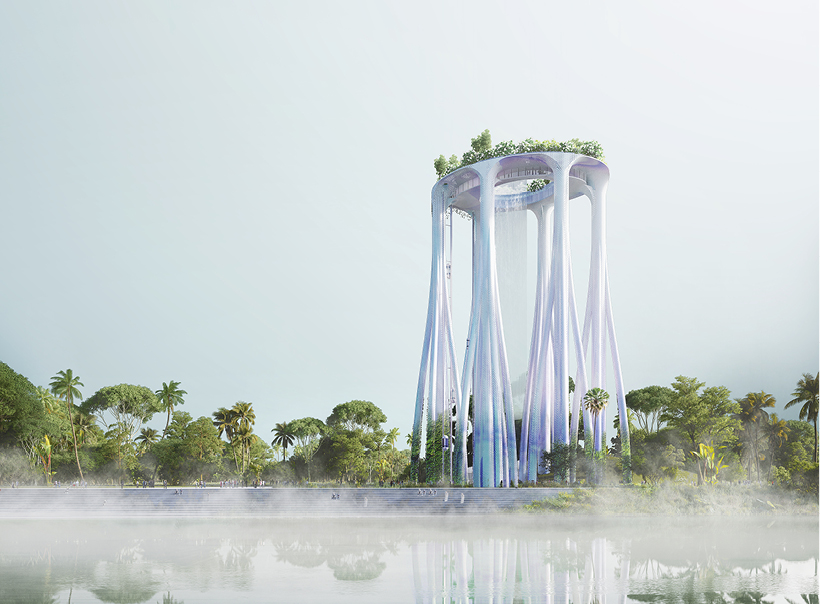 XTU envisions a mangrove-like memorial with giant waterfall in singapore designboom