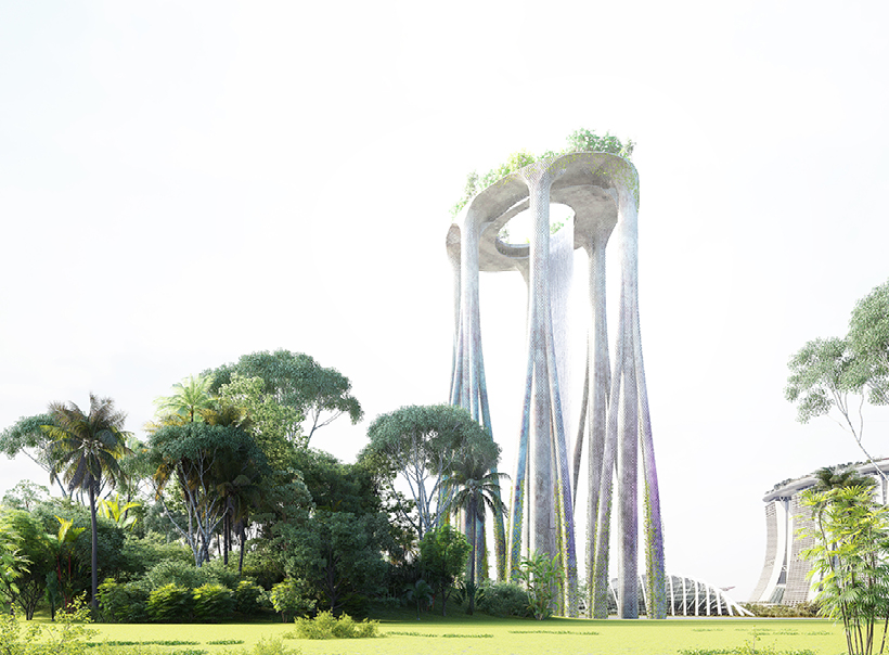 XTU envisions a mangrove-like memorial with giant waterfall in singapore designboom