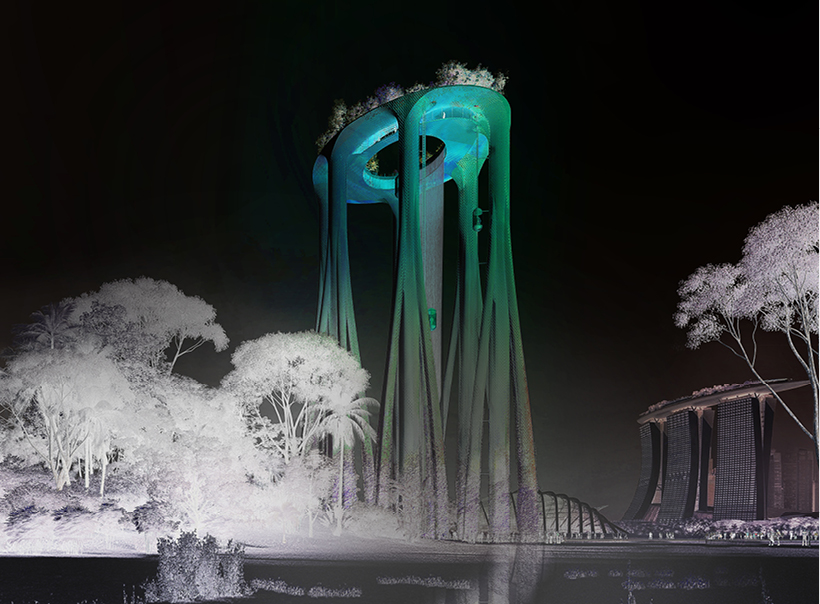 XTU envisions a mangrove-like memorial with giant waterfall in singapore designboom