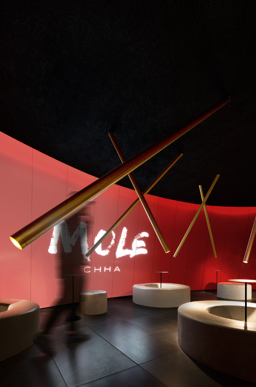 infinity nide's mole chha is a dome teahouse with red gradient walls and brass lighting tubes - 1