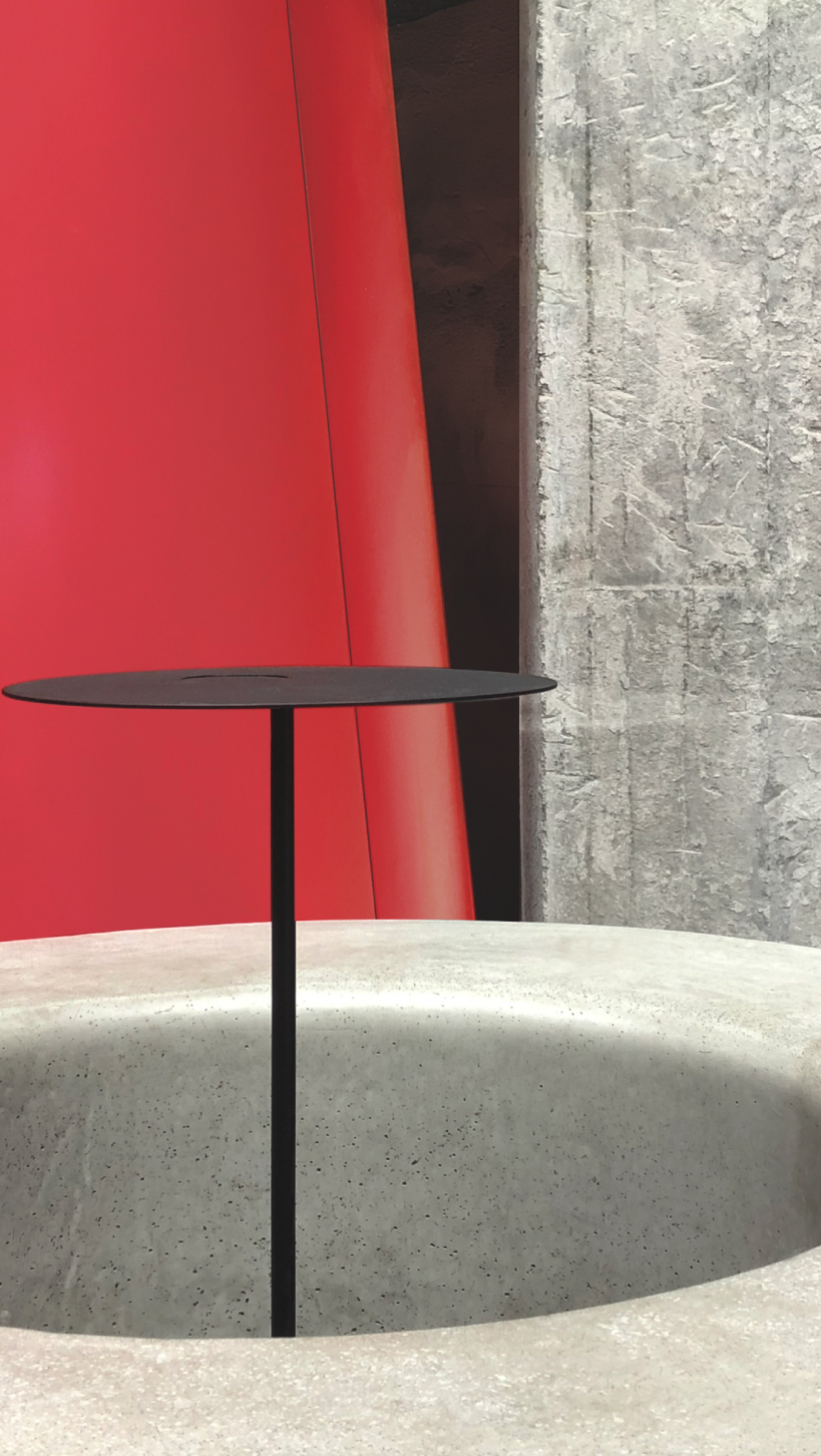 infinity nide's mole chha is a dome teahouse with red gradient walls and brass lighting tubes - 4