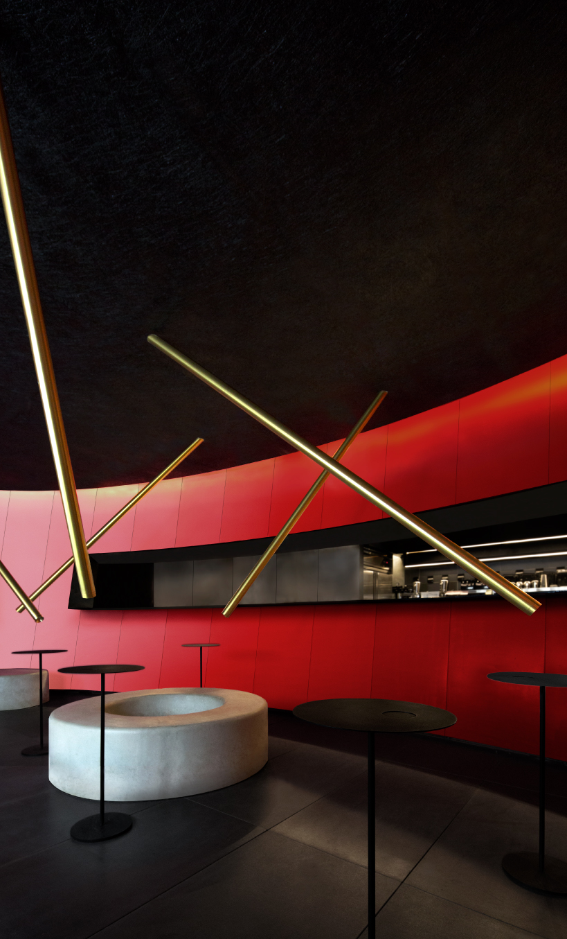 infinity nide's mole chha is a dome teahouse with red gradient walls and brass lighting tubes - 7
