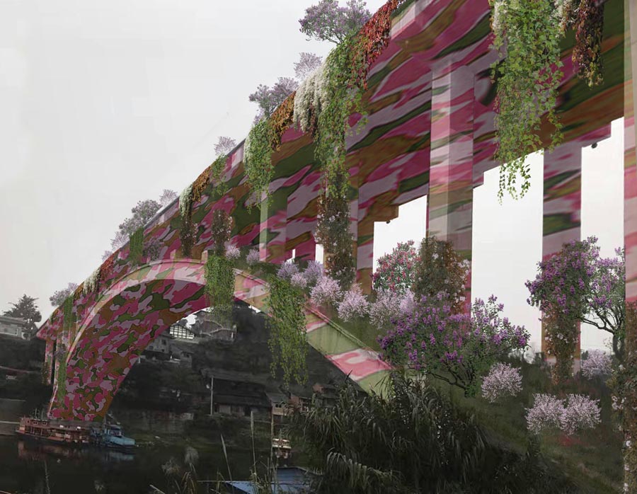 brut deluxe uses thousands of LEDs to convert chinese bridge into a landscape light installation