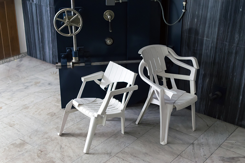 pierre castignola reassembles the ubiquitous plastic chair using pieces of patented remakes