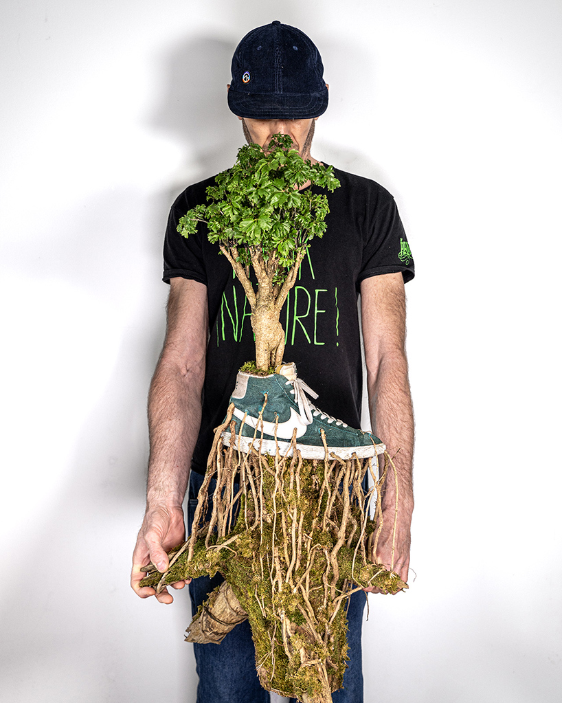 roots of bonzai trees grow through sneakers in monsieur plant's botanical sculpture series