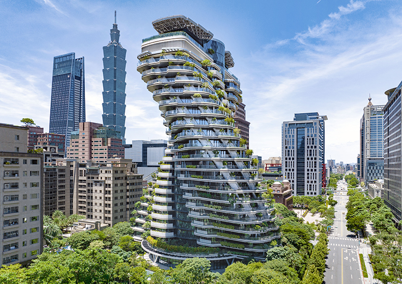 vincent callebaut's residential tower inspired by DNA forms vertical forest in taipei