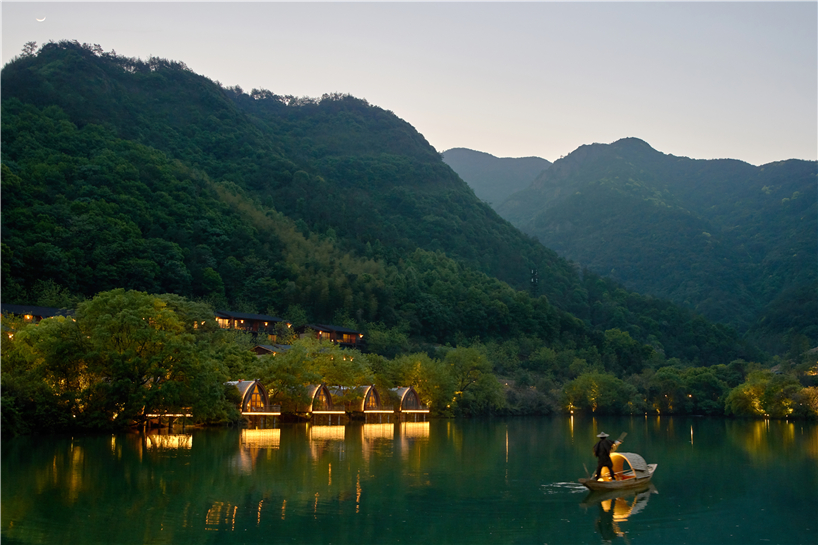 idyllic timber boat rooms are designed to 'float' on the fuchun river in china designboom