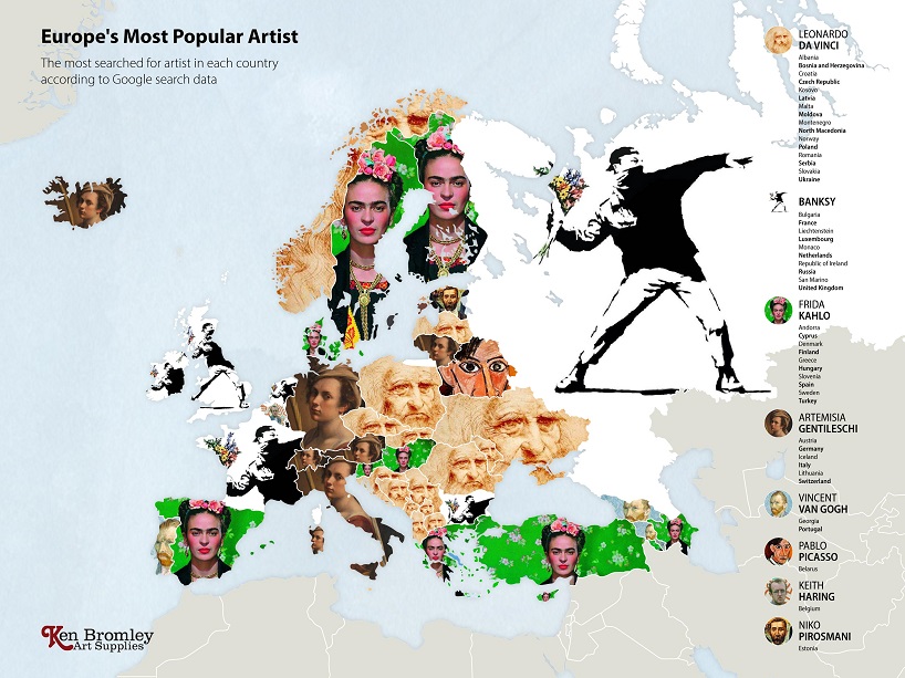 artsupplies reveals the world's most googled artists around the world designboom