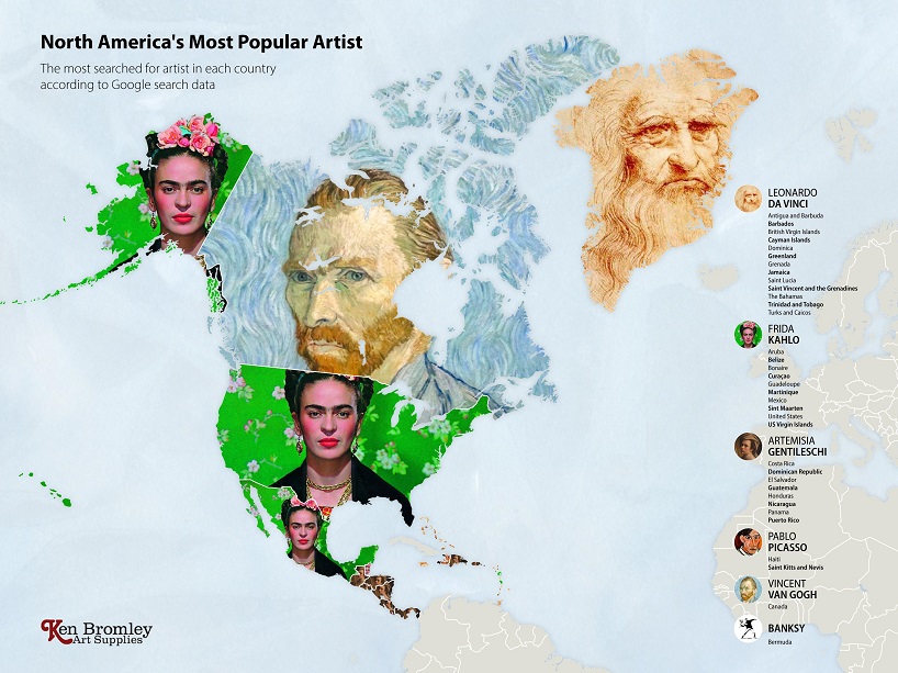 artsupplies reveals the world's most googled artists around the world designboom