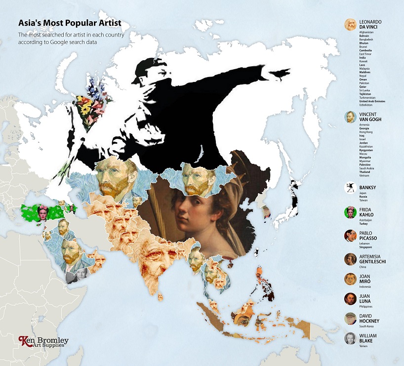 artsupplies reveals the world's most googled artists around the world designboom