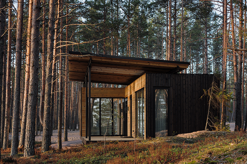 prefab cabin hotel by rhizome settles isolated within karelian landscape, in russia