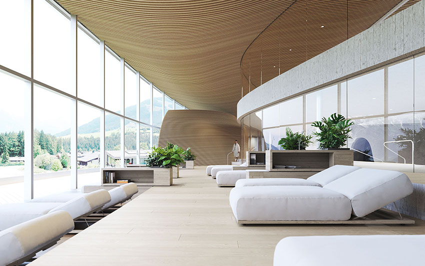 atmosphere spa forms under arched terrain in the mountainous alpine scenery