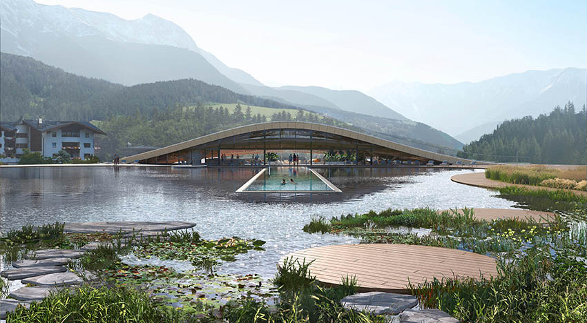 atmosphere spa forms under arched terrain in the mountainous alpine scenery