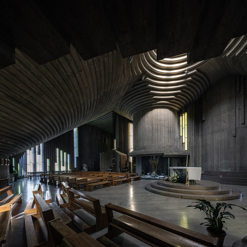 ste murray captures brutalist curves and rings of sacra famiglia church in italy as it turns 50
