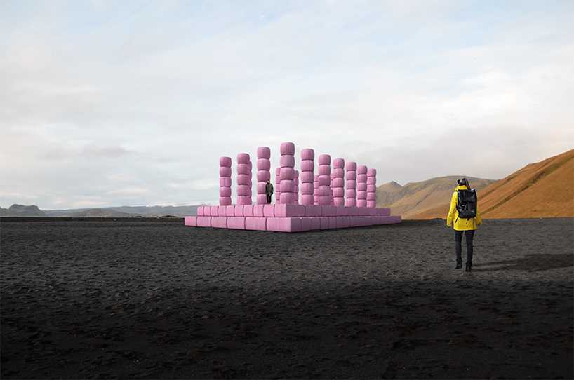 tobia zambotti stacks pink hay bales in rural iceland to raise awareness of breast cancer designboom