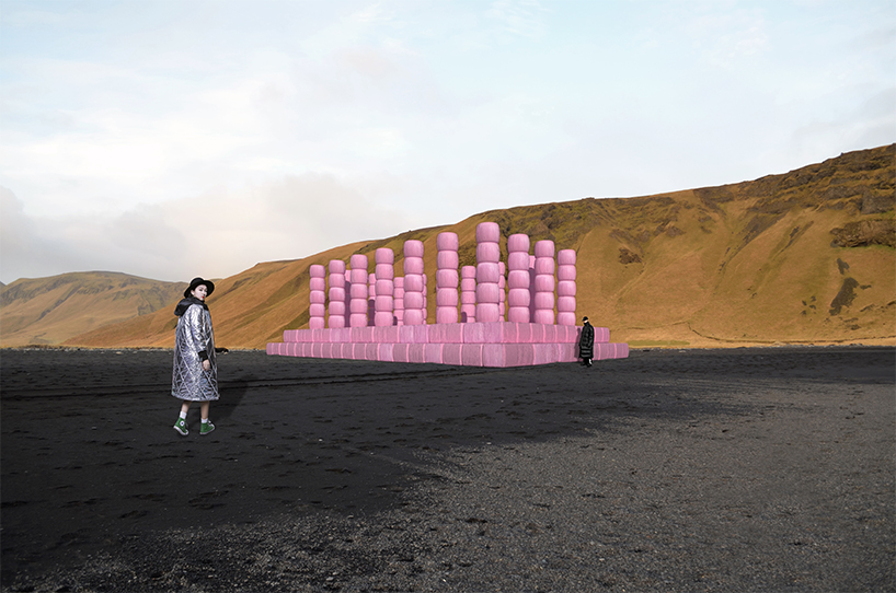 tobia zambotti stacks pink hay bales in rural iceland to raise awareness of breast cancer designboom