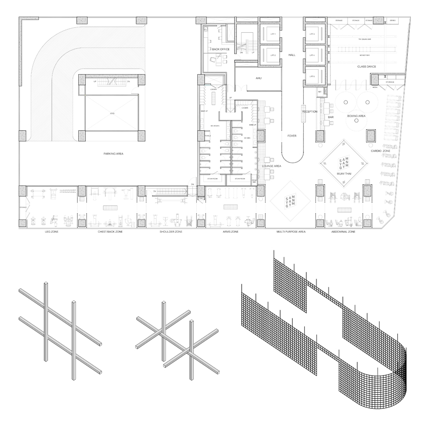 looklen architects builds a colored steel grid system to decorate gym in bangkok designboom
