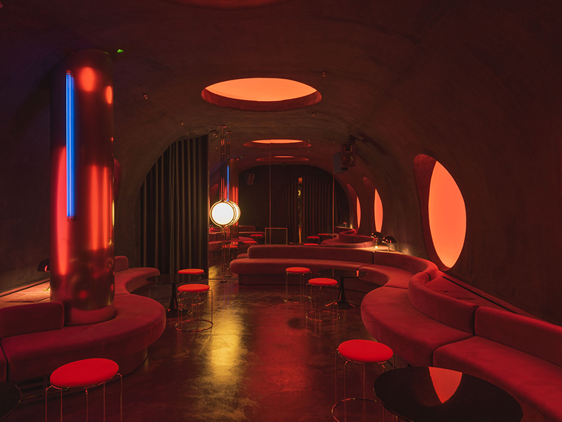 retro cocktail bar with multi-chrome lighting and curved steel hides behind barcelona focacceria - 7