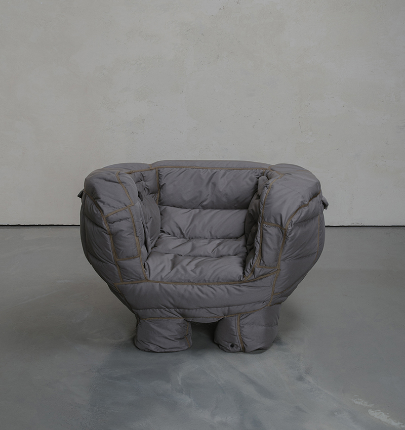 jinyeong yeon turns unsold puffer jackets into cozy padded chairs designboom