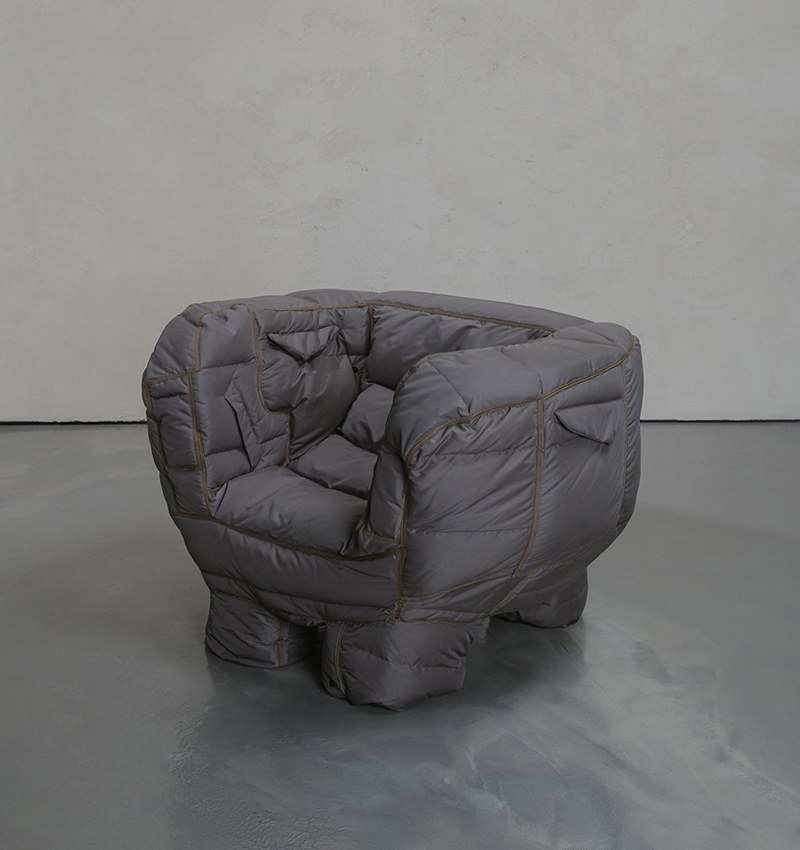 jinyeong yeon turns unsold puffer jackets into cozy padded chairs designboom