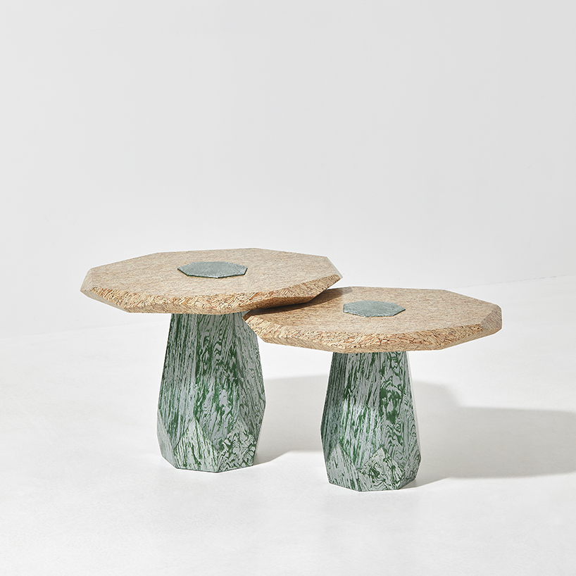 weonrhee repurposes construction wood waste into stacked tables inspired by architecture