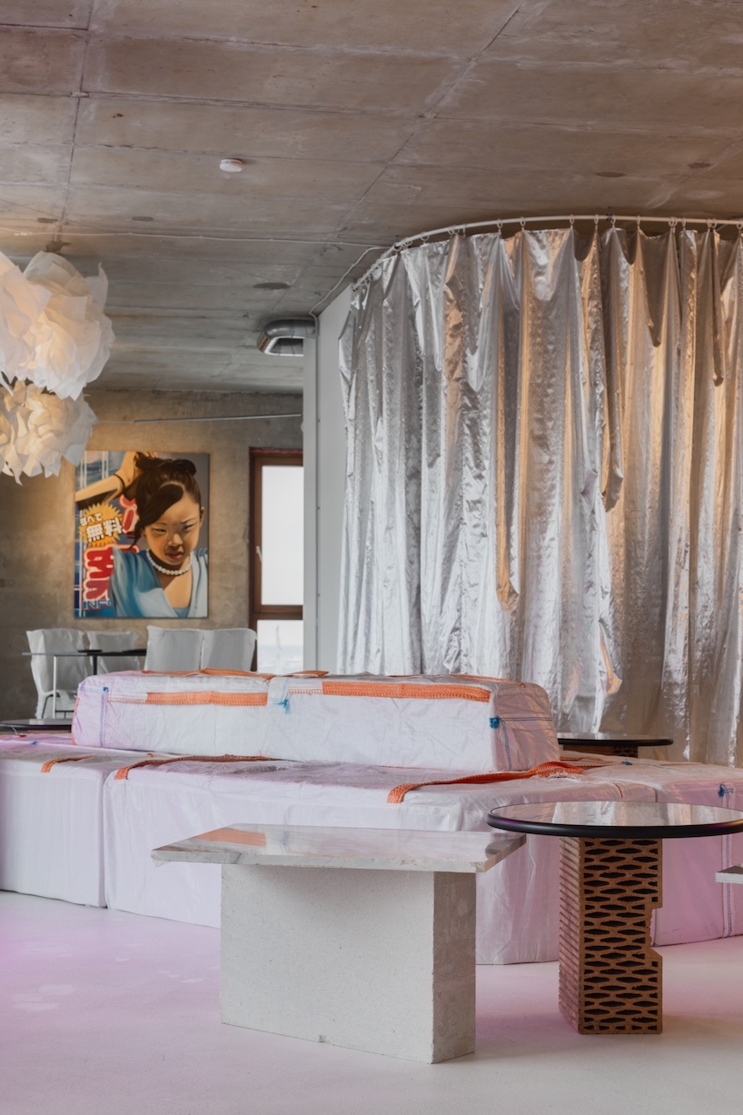 open AD upcycles material offcuts & leftovers to form pop-up restaurant interior in latvia