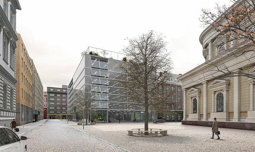 transparent grid façade completes parking house by malý chmel in czech republic