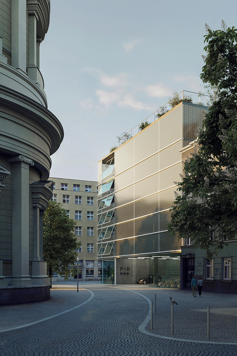 transparent grid façade completes parking house by malý chmel in czech republic