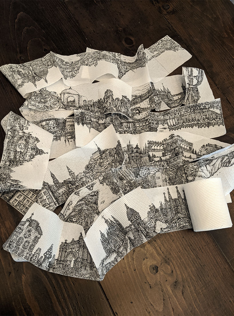A photograph of a large-scale toilet paper roll cityscape installation in an art gallery, showcasing the intricate details and artistic vision of the creator